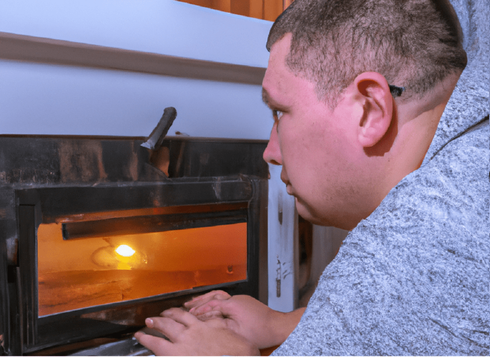 Uomo che si scalda vicino ad una stufa pirolitica