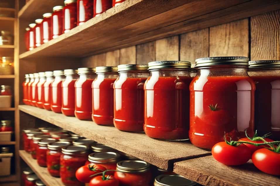Bottiglie di conserva di pomodoro fatte in casa conservate su uno scaffale di dispensa.