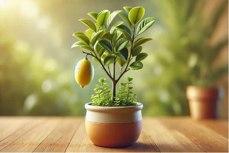 Albero di limone in vaso con frutti maturi e foglie verdi, coltivato in giardino.