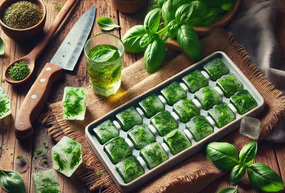 Cubetti di basilico congelati in olio d'oliva all'interno di uno stampino per ghiaccio.
