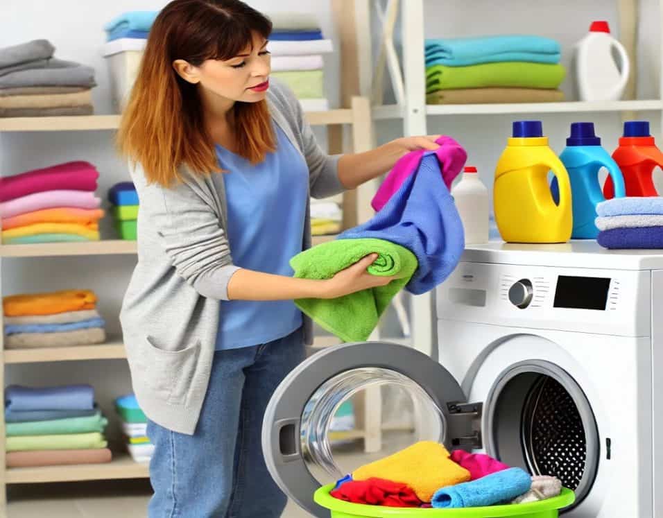 Immagine di lavatrice con diversi capi colorati e impostazione della temperatura per il lavaggio ottimale.