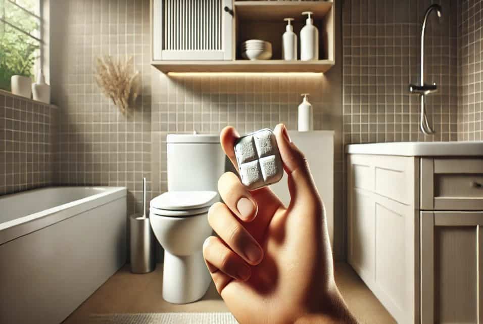 Pastiglie pulenti fai-da-te per WC disposte su un tavolo con ingredienti naturali intorno