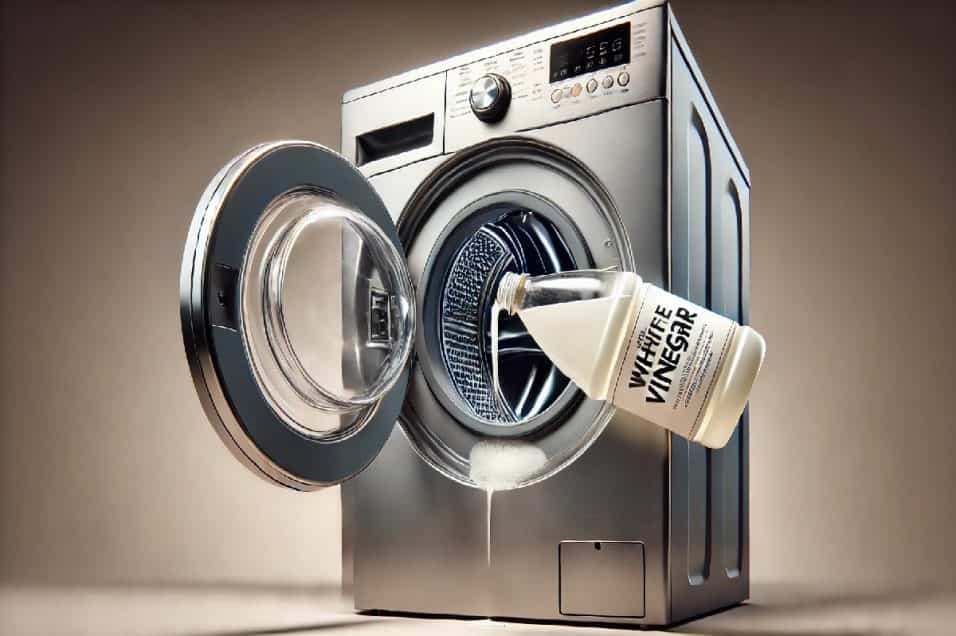 Pulizia della lavatrice con aceto bianco, versato nel cestello per un lavaggio a vuoto