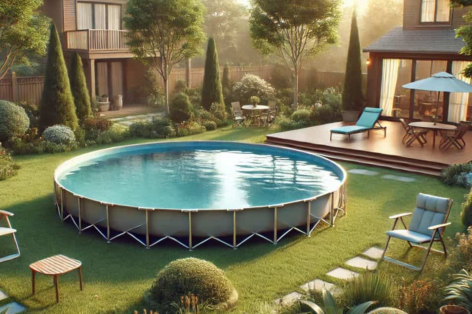 Piscina in fase di svuotamento e pulizia delle superfici in corso