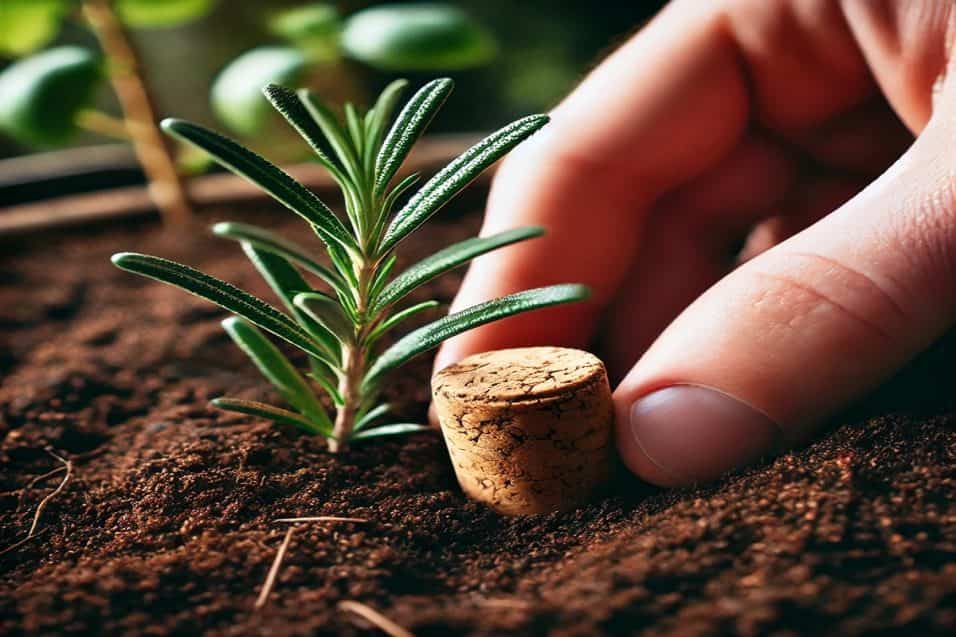 Tappi di sughero utilizzati come miglioratori di terreno in un ambiente di giardinaggio sostenibile
