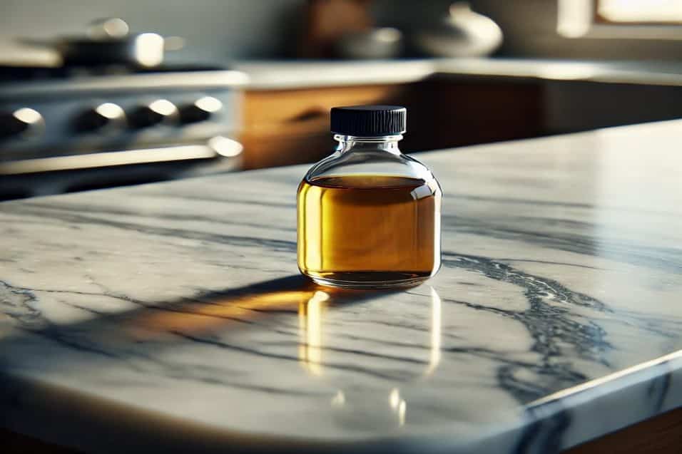 Superficie in marmo lucida con macchie opache causate dall'aceto, in fase di pulizia con bicarbonato