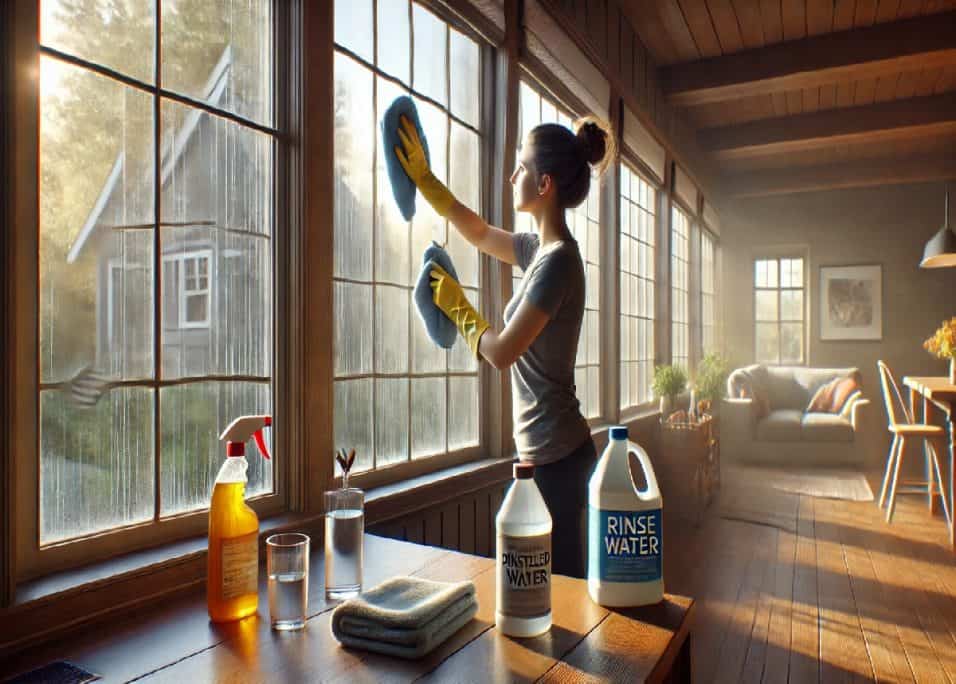 Vetri delle finestre trattati con brillantante e soluzione di acqua distillata e aceto per mantenerli puliti e senza aloni