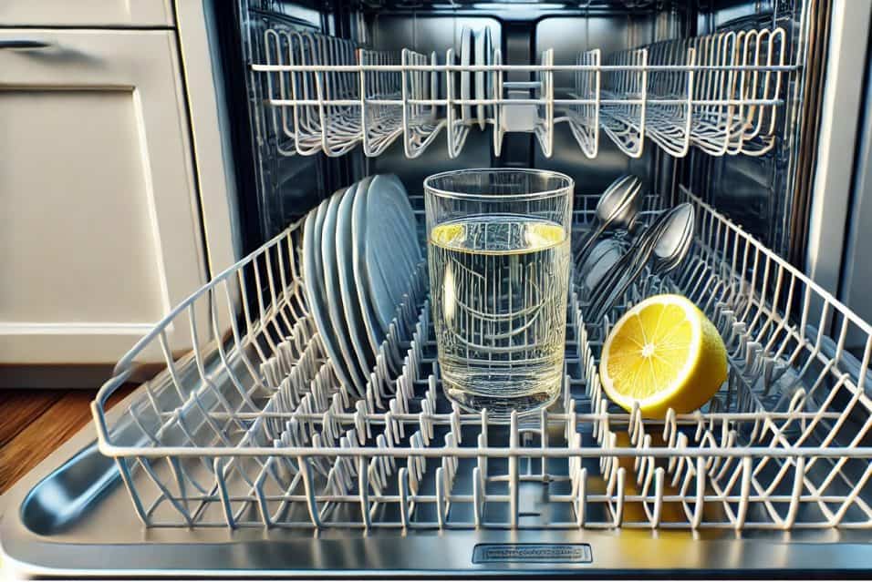 lavastoviglie aperta con un bicchiere di aceto e mezzo limone all'interno