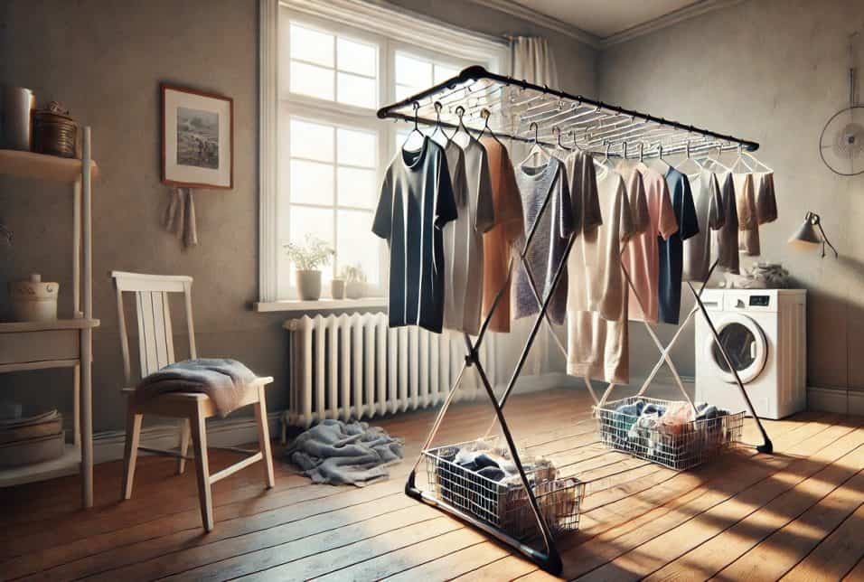 Sacchetti di riso usati per assorbire umidità in una stanza con panni stesi