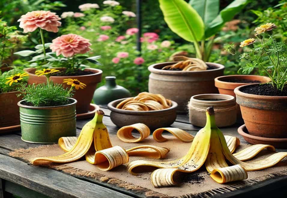 Fertilizzante naturale a base di bucce di banana per piante e fiori in vaso e giardino.