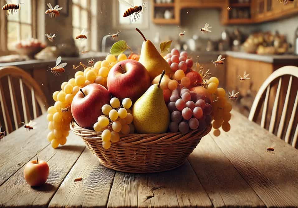 Moscerini della frutta attratti da frutta matura in una cucina