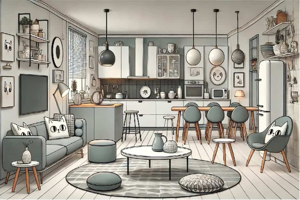 Open space moderno con cucina e salotto, ambiente ordinato e privo di odori grazie all'uso di piante e cappa aspirante