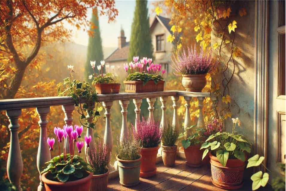 Piante da balcone resistenti al freddo con fiori colorati che decorano un balcone invernale.