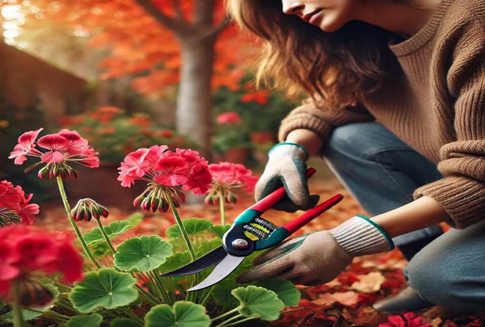 Gerani potati in autunno pronti per affrontare l'inverno in una serra protetta e luminosa.