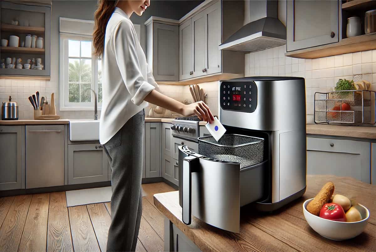 Pulizia della friggitrice ad aria con una pastiglia per lavastoviglie per rimuovere grasso e incrostazioni