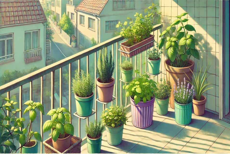 Rosmarino in vaso su balcone soleggiato con altre piante aromatiche