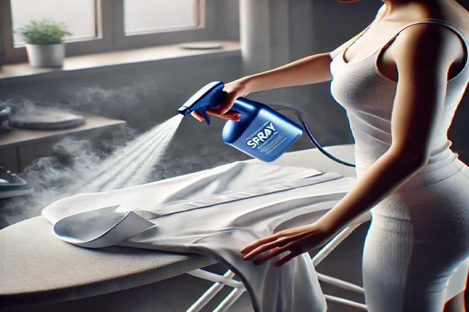 Bottiglia spray fatta in casa con ingredienti naturali per eliminare le pieghe dai vestiti senza usare il ferro da stiro