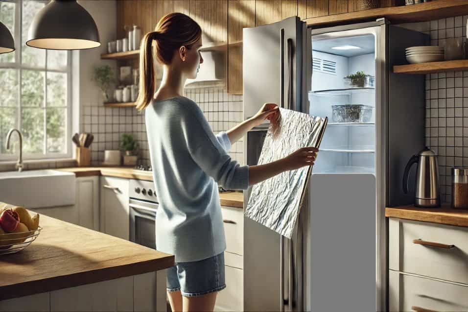 Rivestimento interno di un congelatore con foglio di alluminio