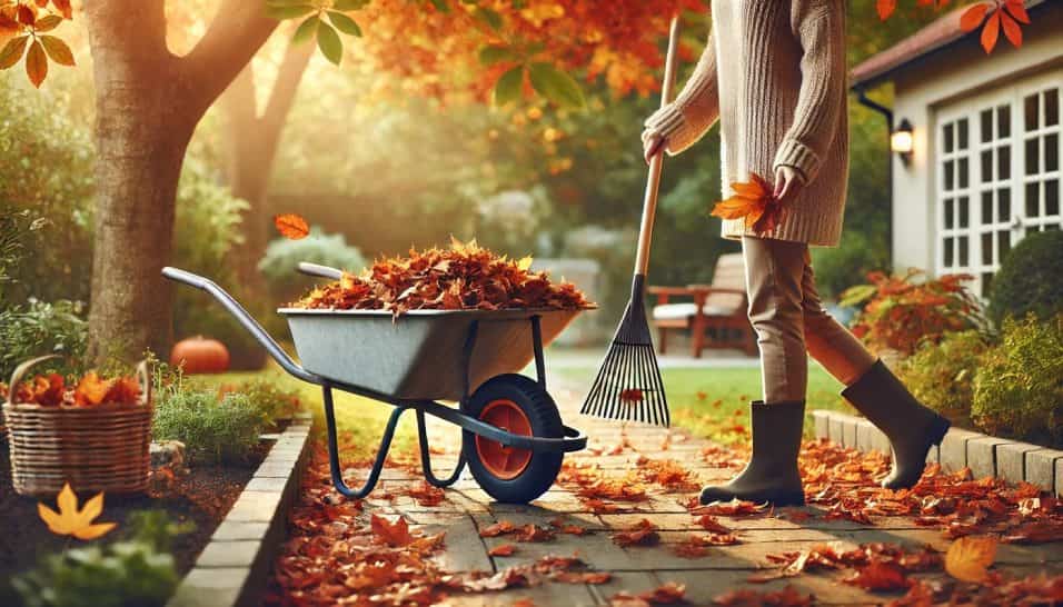 Un mucchio di foglie cadute utilizzate come pacciamatura naturale in un giardino.
