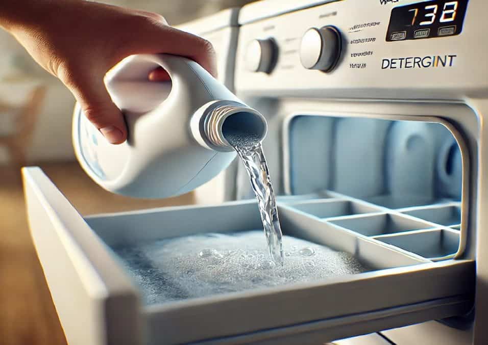 Cassetto della lavatrice immerso in bacinella d'acqua calda e aceto per rimuovere residui e batteri.