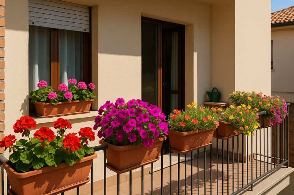 Balcone assolato con gerani, petunie e portulaca in piena fioritura estiva