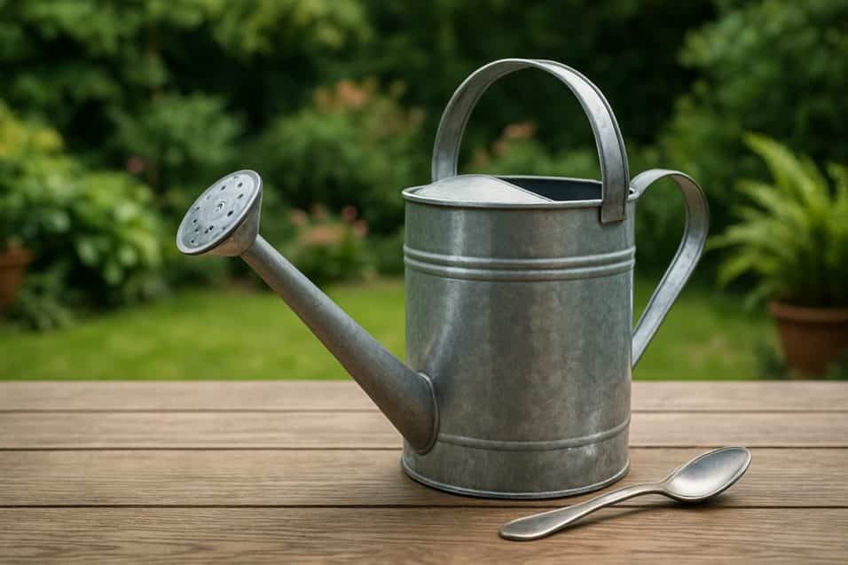 Un annaffiatoio in metallo su un tavolo di legno con un cucchiaio da tè accanto, sullo sfondo un giardino verde e rigoglioso
