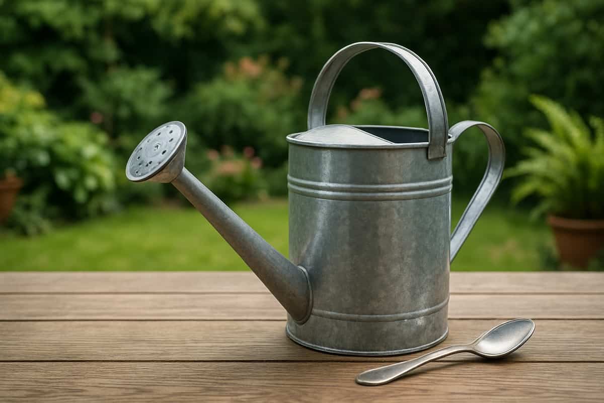 Un annaffiatoio in metallo su un tavolo di legno con un cucchiaio da tè accanto, sullo sfondo un giardino verde e rigoglioso