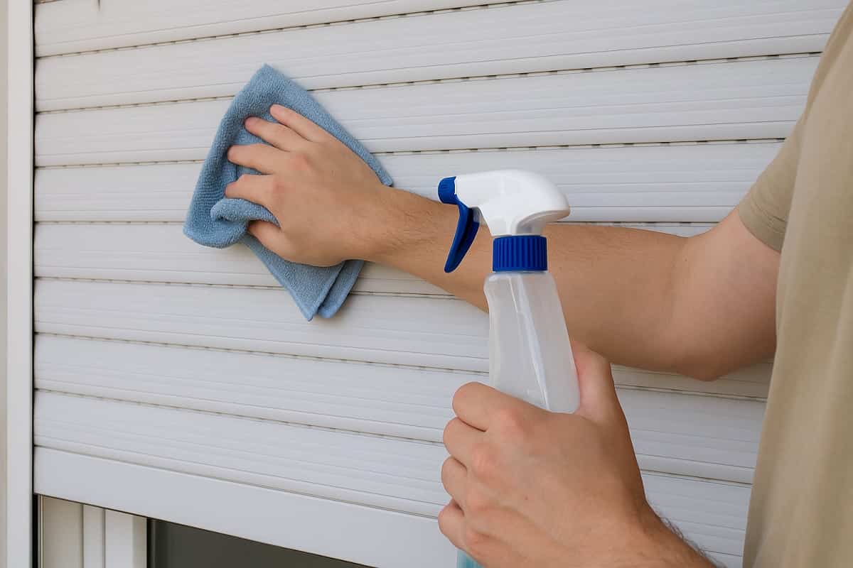 Persona che pulisce una tapparella bianca con panno in microfibra e spray pulente, inquadratura realistica da vicino