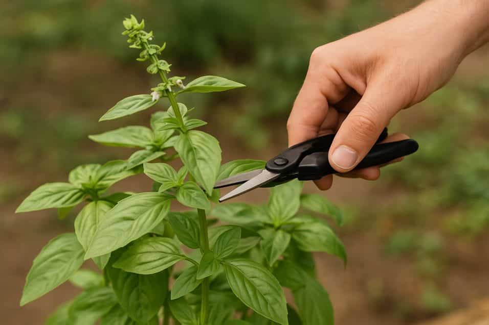 Mano che pota una pianta di basilico in fiore con forbici da giardinaggio, in un orto all’aperto