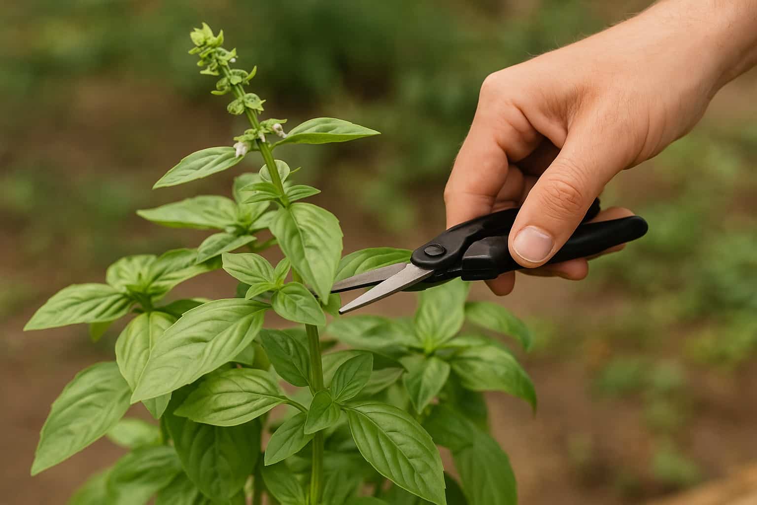 Mano che pota una pianta di basilico in fiore con forbici da giardinaggio, in un orto all’aperto