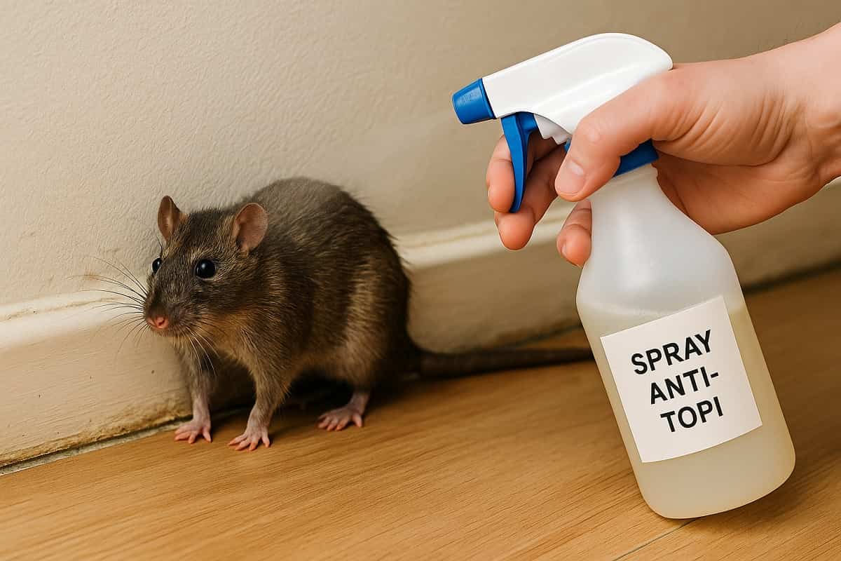 Mano che spruzza spray naturale anti-topi vicino a un topo in casa