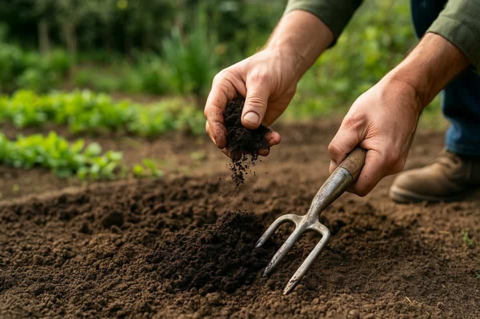Mani di un giardiniere che lavorano la terra con una forca da giardino e spargono compost scuro, gesto ideale da fare a fine agosto per rigenerare il terreno.