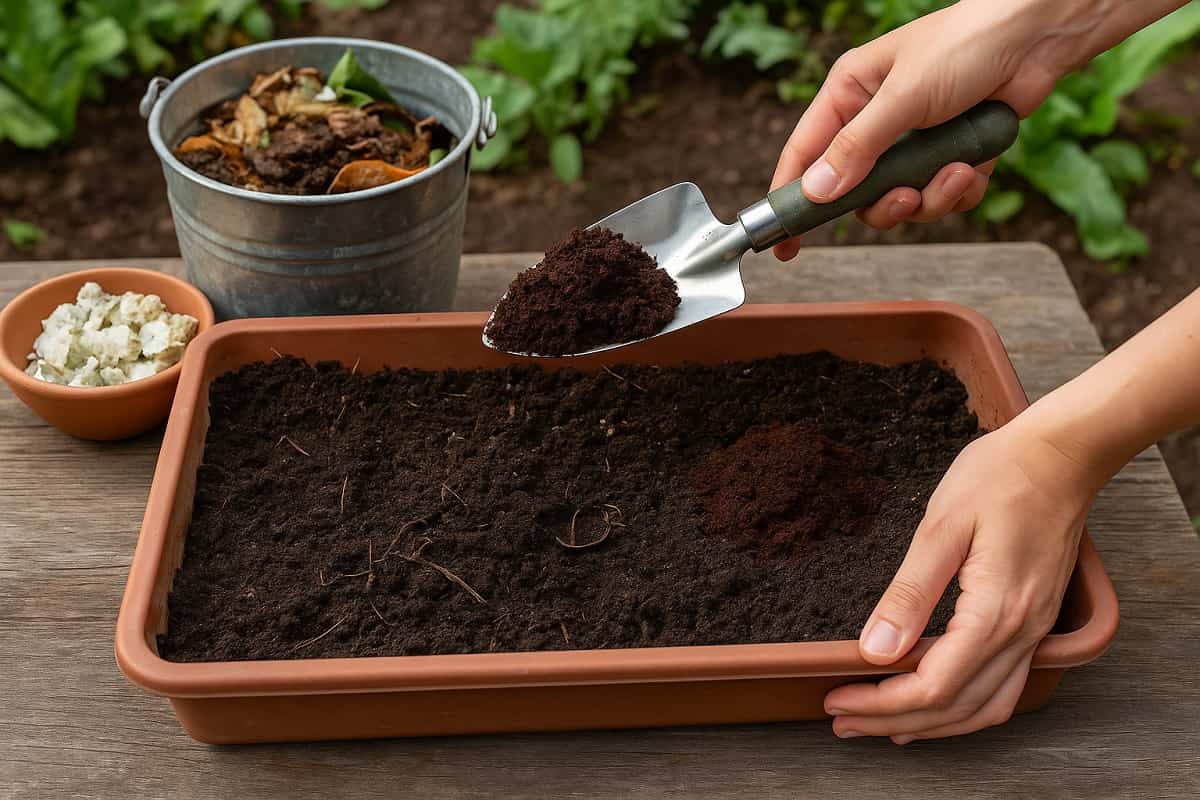 Mani che rigenerano la terra in un vaso rettangolare con l’aggiunta di fondi di caffè e compost naturale, ideale per riutilizzare il terriccio a fine estate.