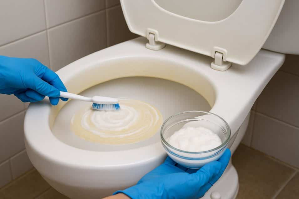 Una persona con guanti blu pulisce un copriwater ingiallito applicando una pasta di bicarbonato con uno spazzolino