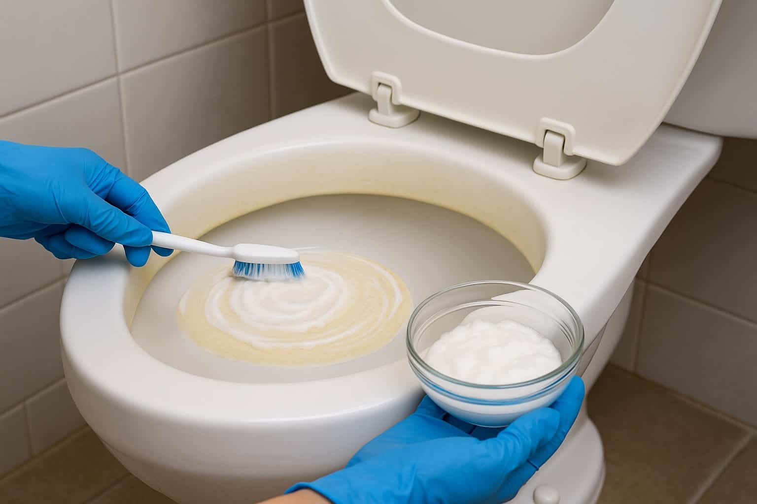 Una persona con guanti blu pulisce un copriwater ingiallito applicando una pasta di bicarbonato con uno spazzolino
