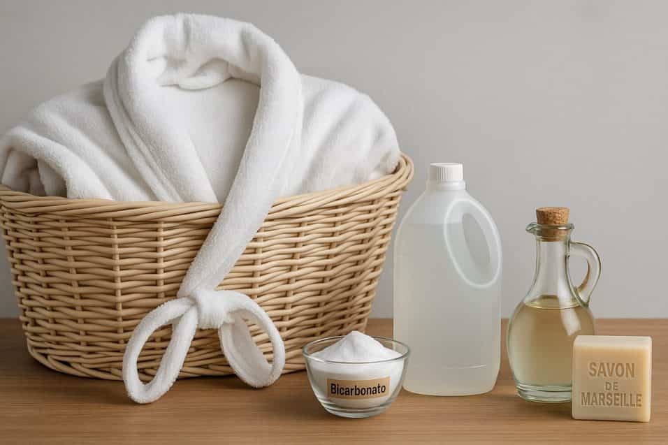Accappatoio bianco in cesta di vimini con bicarbonato, aceto e sapone di Marsiglia per un lavaggio naturale e profumato.