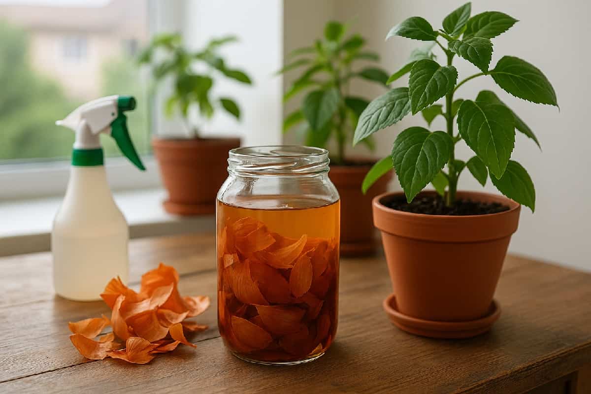 barattolo di vetro con bucce di cipolla in infusione accanto a piante in vaso e spruzzino su tavolo di legno