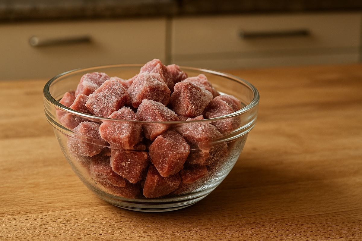 ciotola di vetro con pezzetti di carne congelata coperti da brina su tavolo da cucina in attesa di scongelamento