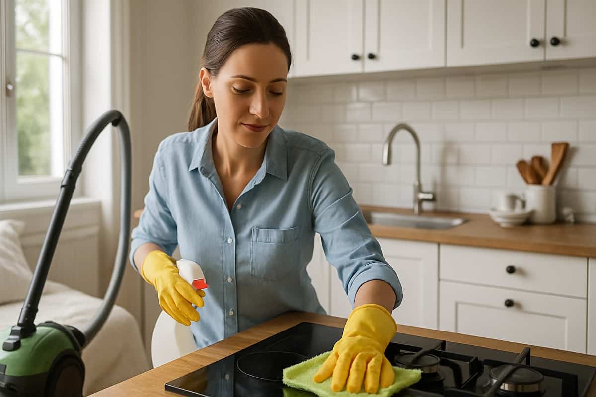 Donna che pulisce i fornelli della cucina con guanti gialli e panno in microfibra.