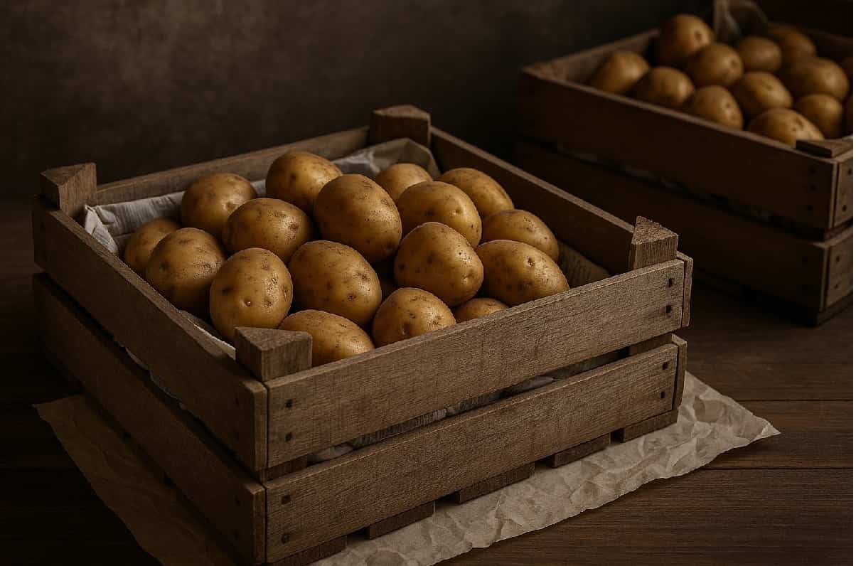 Cassette di legno con patate fresche ben conservate su carta assorbente in ambiente rustico e ventilato, perfette per lunga conservazione