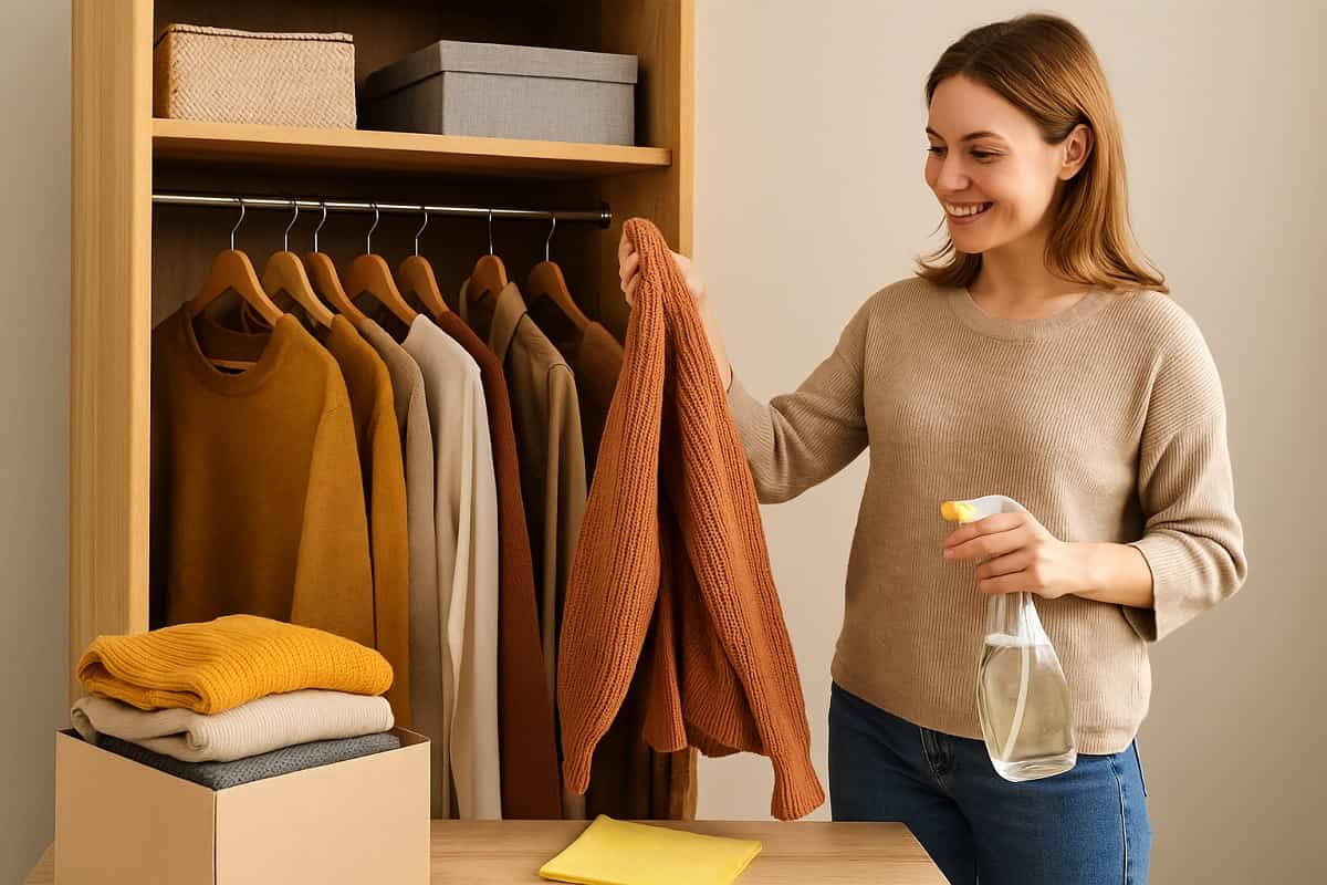 Donna sorridente che fa decluttering e pulizia dell’armadio con vestiti autunnali.