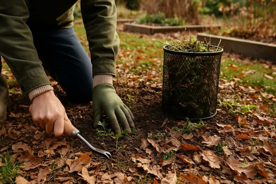giardiniere inginocchiato che estirpa erbacce in un giardino autunnale con guanti verdi e attrezzo da diserbo accanto a un contenitore pieno di piante rimosse