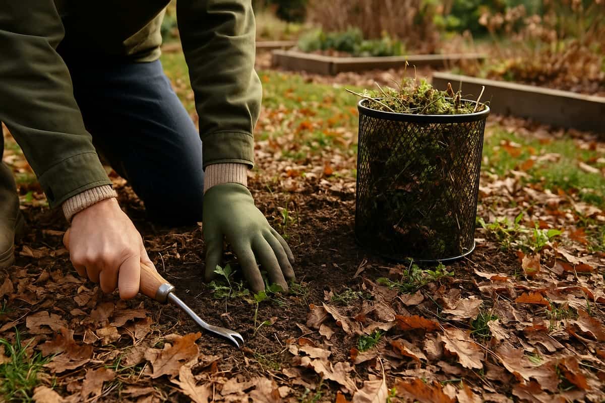 giardiniere inginocchiato che estirpa erbacce in un giardino autunnale con guanti verdi e attrezzo da diserbo accanto a un contenitore pieno di piante rimosse