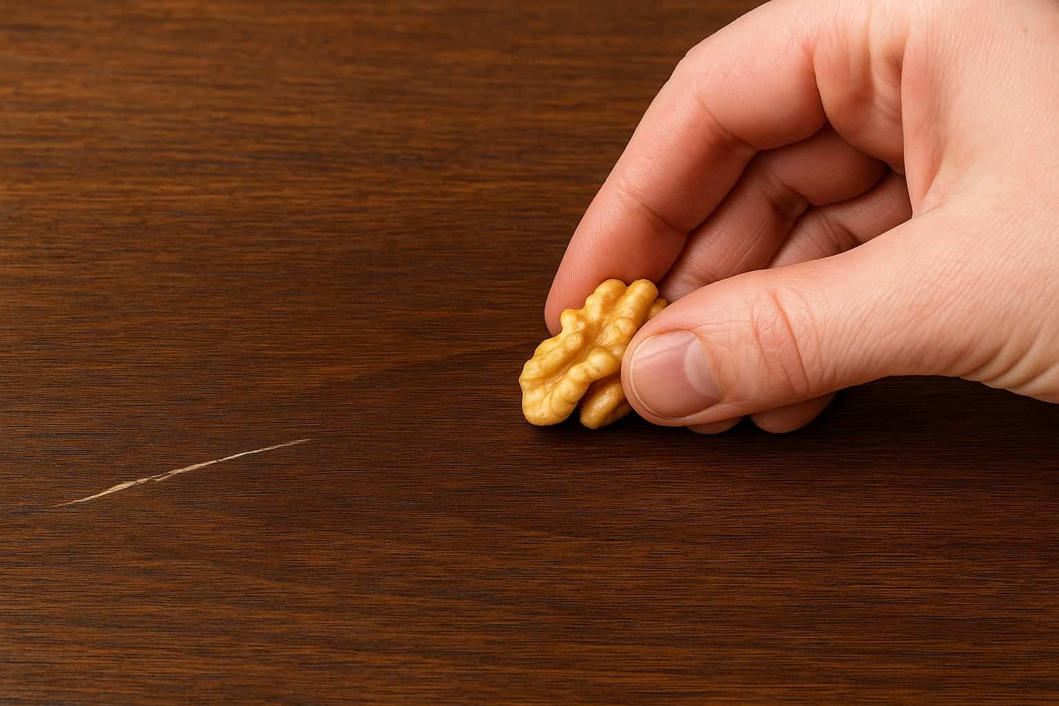 Mano che strofina un gheriglio di noce su un graffio su un mobile in legno scuro, il classico trucco della nonna per eliminare i segni