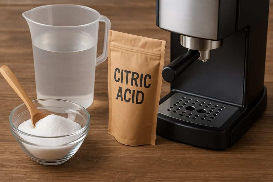 Ingredienti per pulire la macchina del caffè con acido citrico: ciotola di polvere bianca, misurino d’acqua, sacchetto di acido citrico e macchina del caffè su tavolo in legno