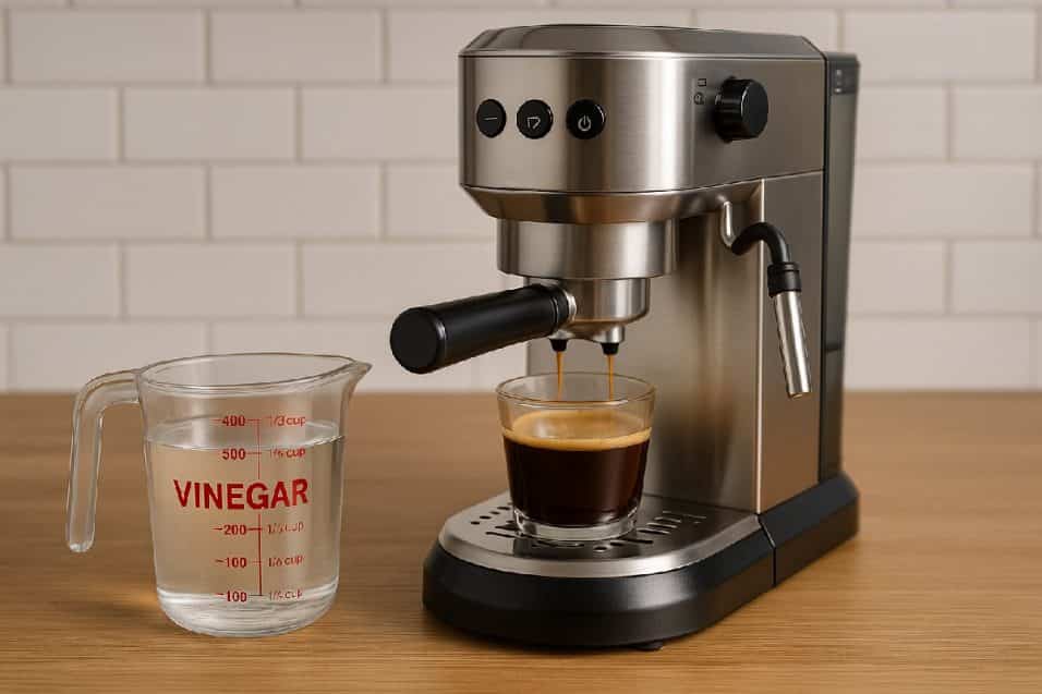 Macchinetta del caffè in acciaio su piano di legno con bicchiere di aceto pronto per la pulizia