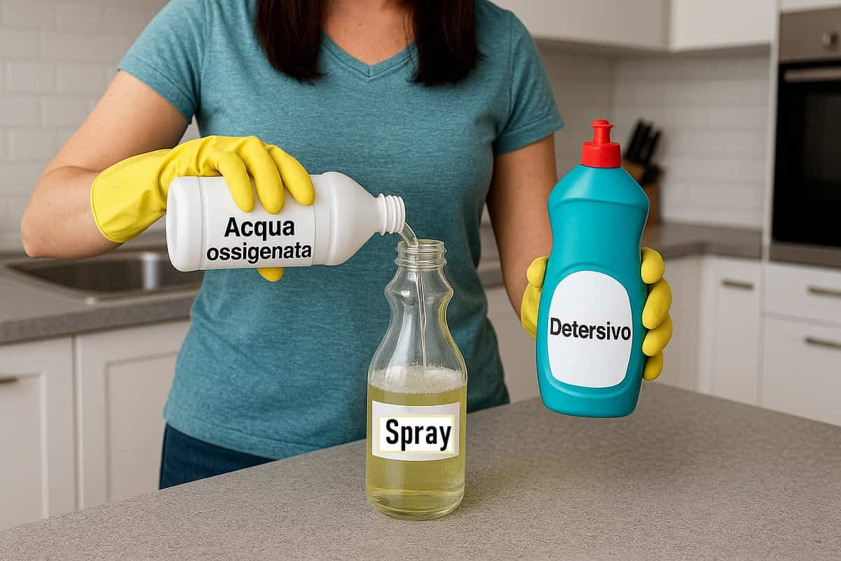 Donna con guanti gialli che versa acqua ossigenata e detersivo in un flacone per creare un detergente casalingo potente.