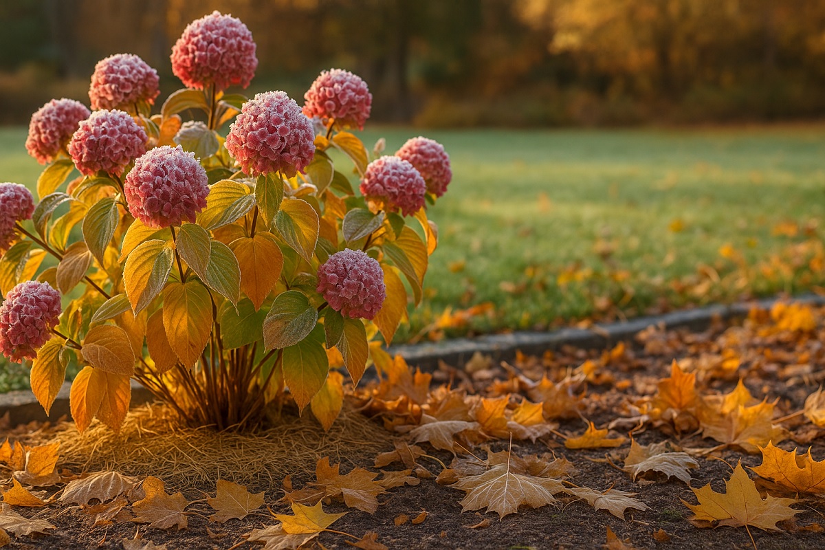 cespuglio di ortensie con fiori rosa e foglie gialle in un giardino autunnale coperto da foglie secche, pronto per affrontare l’inverno