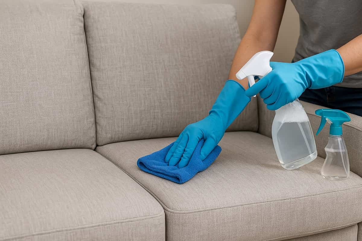 Persona con guanti e panno in microfibra blu che pulisce un divano non sfoderabile chiaro con spray detergente.