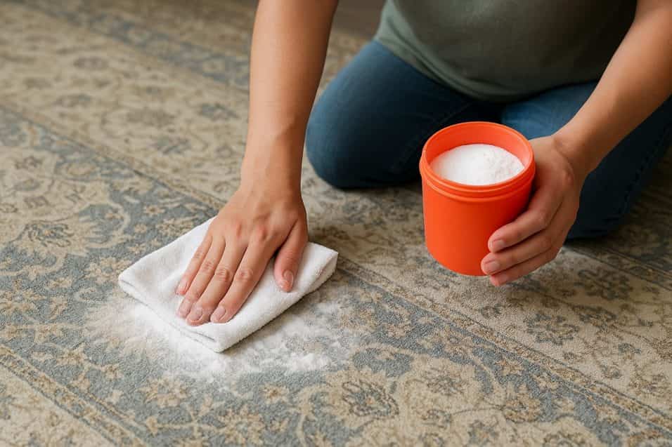 Mani che puliscono un tappeto non lavabile con bicarbonato e panno in microfibra.